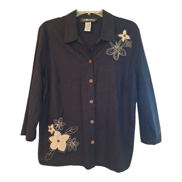 Linen Blend Embroidery Blouse Boxy Shirt Lightweight Jacket Shacket M Sag Harbor - Picture 1 of 12